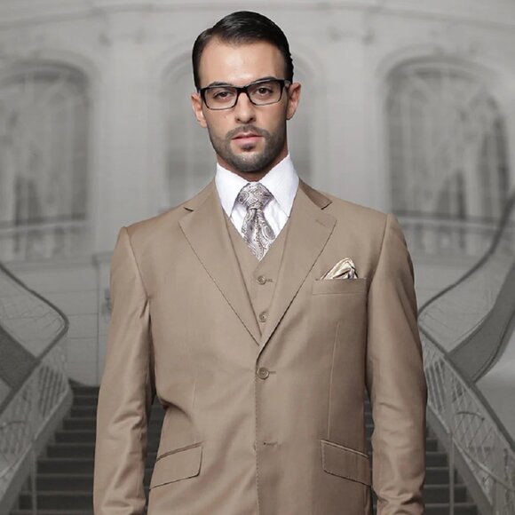 Mens Classic Fit Pleated Pant 2 Button Wool Suit in Bronze - Picture 1 of 2